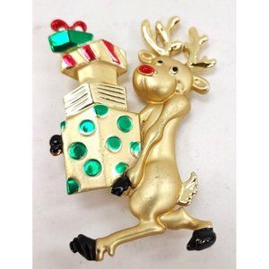 Brooch, Reindeer Went Shopping, Gold-Tone Metal Enameled Accents 2 3/4" x 1 3/4"